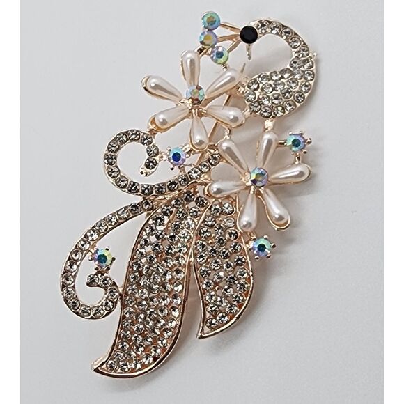 Peacock Brooch Faux Pearl and Rhinestone Lightweight Pretty Neutral Coloring - Picture 3 of 4